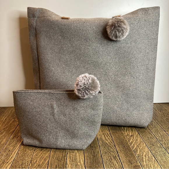 Handbags - Gray Felt Tote Bag and Matching Small Makeup Bag with PomPoms.